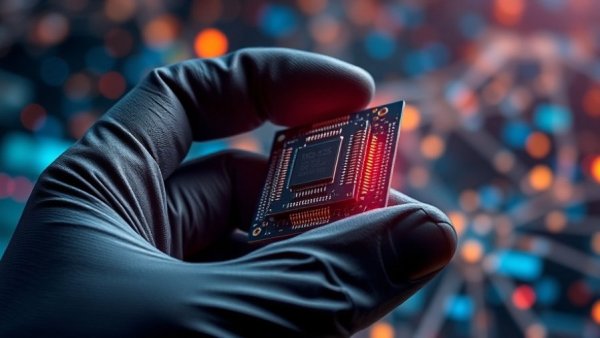 AI breakthroughs represented by a futuristic microchip in a gloved hand.