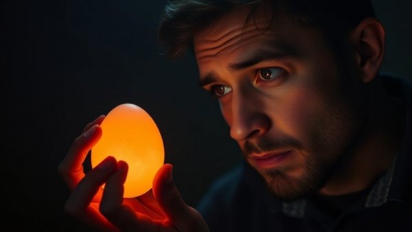 Bizarre egg pet nutrition inspection with dramatic lighting.