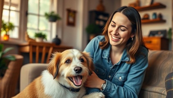 Cheerful woman engaging with a dog indoors, pet lovers tips.