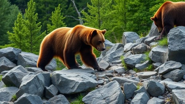 Brown bears strolling on rocks with a forest view.