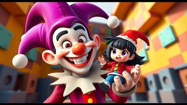 Colorful cartoon jester holding tiny figure in 3D style for pet comedy.