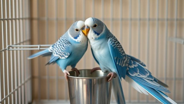 Funny parrots playing in a cage with vibrant blue feathers.