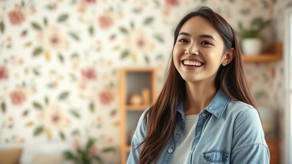 Cheerful woman indoors with floral wallpaper in a cozy room.