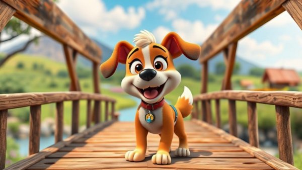 Funny dog cartoon in vibrant rural setting, 3D Pixar style.
