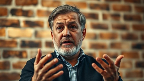 Man discussing the risks of artificial intelligence with warm lighting.