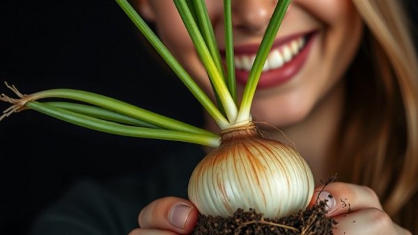 Person proudly displaying onion start with soil and roots.