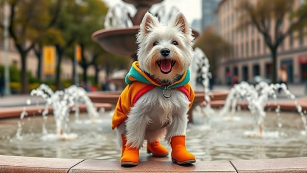 Adorable Westie dog in colorful outfit at city fountain, traveling with pets guide.