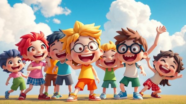 Colorful pixelated cartoon characters having fun in a playful scene.