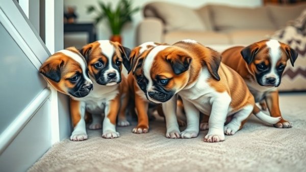 Puppies observing another puppy's stair hesitation indoors.