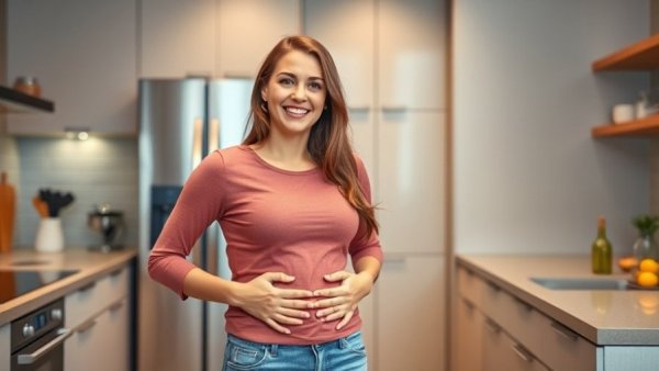 Smiling woman in modern kitchen gesturing at stomach, natural fibers.