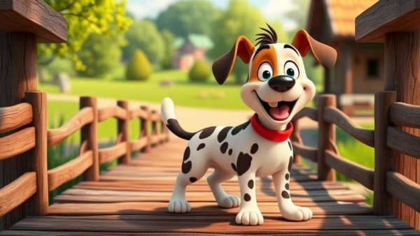 Funny pet cartoon dog on a bridge in vibrant setting.