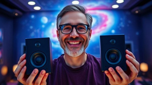 DIY spatial-audio setup guide with blue speakers and galaxy theme.