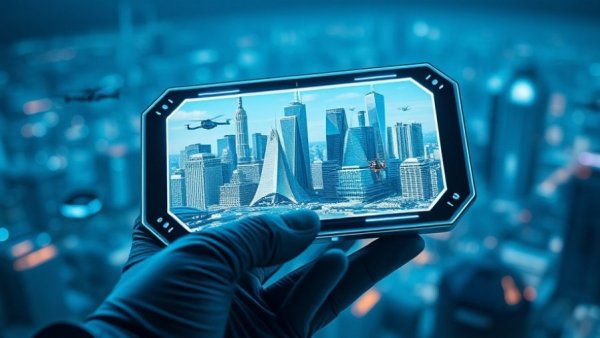 Futuristic gadget depicting new inventions 2035 with holographic cityscape.