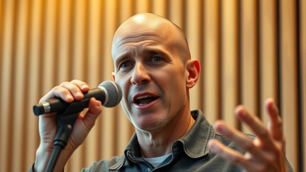 Expressive speaker discussing search engine optimization in a modern studio setting.