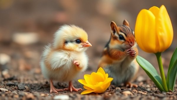 Cute baby animals: chick and chipmunk near a tulip.