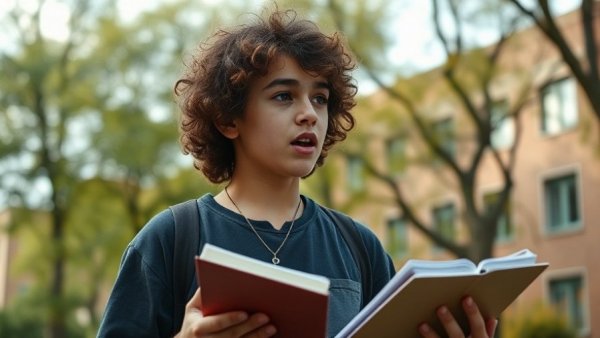 Curly-haired teen talking passionately in an outdoor setting.
