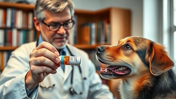Veterinarian explaining NSAIDs dosage to dog, highlighting gut damage risks.