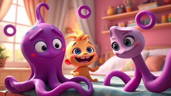 Funny cartoon characters with tentacles in a bedroom scene, pet comedy.