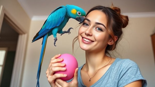 Young woman with parrot indoors, behavior issues in pets.