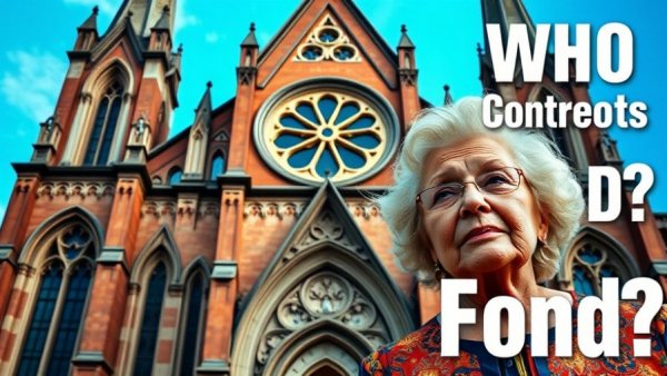 Gothic church facade with text 'Who Controls Food?' and woman in colorful attire.