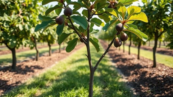 Young fig tree in orchard, bright daylight