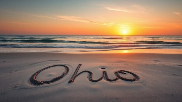 Buckeye Spirit and Legacy: Ohio in sand at sunset beach.