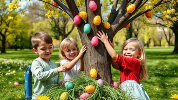 Children decorating tree with Easter eggs on a sunny spring day.