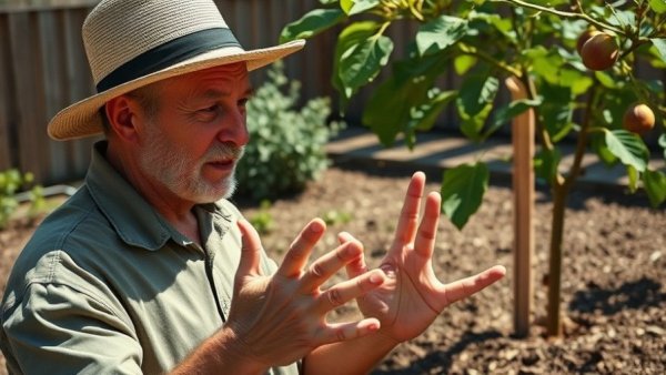 Man discussing fig tree planting tips beside tilted tree.