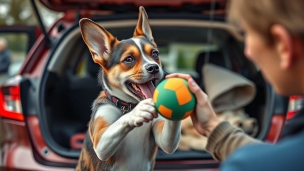 Dog refuses to drop toy in car trunk, playful interaction with owner.