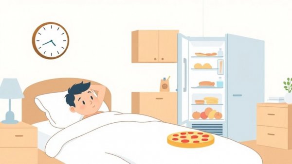 Illustration of late-night eating concept with fridge and bed.