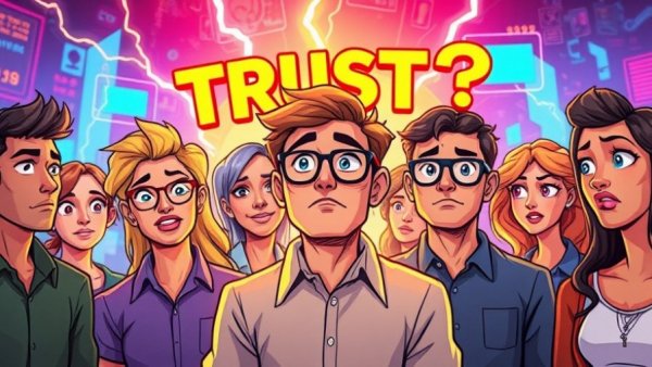 Colorful illustration questioning trust in Microsoft, vivid layout.