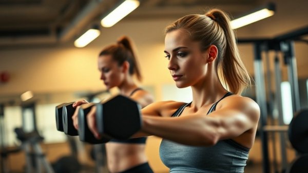 Woman strength training in gym, focused and determined.