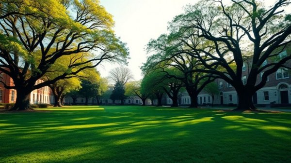 Vibrant spring scene at SCU campus with trees and lawn.