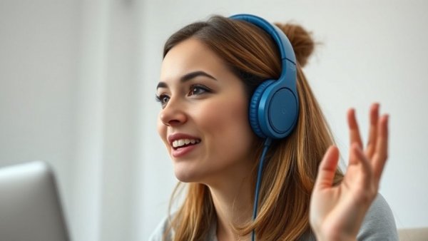 Woman discussing in headphones during a video call.