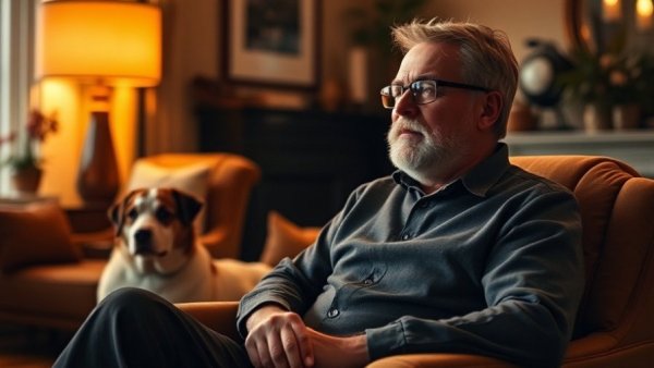 Man discussing how to earn your dog's respect in cozy setting.