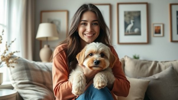 Traveling with pets guide: Woman with dog at home.