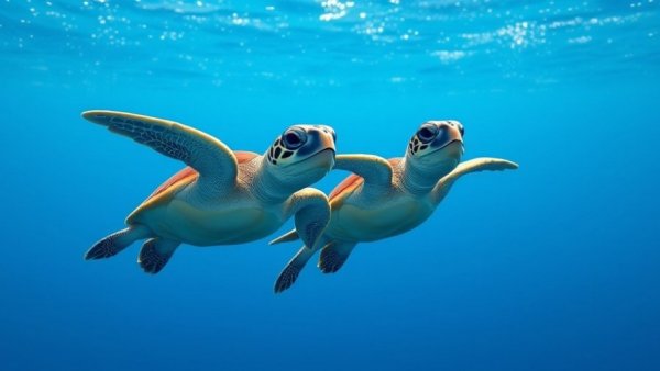Adorable baby sea turtles swimming, deep blue ocean journey.