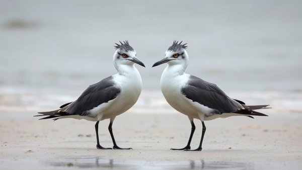 Elegant seabirds with black crests standing on wet sand.