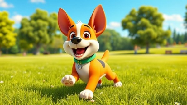 Funny pet cartoon dog playing in a 3D animation.