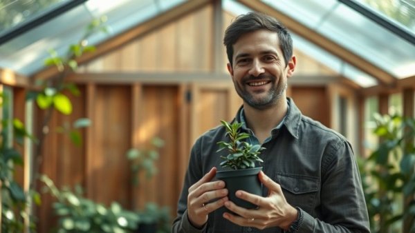 Gardening tips with a smiling man holding a plant in a greenhouse.
