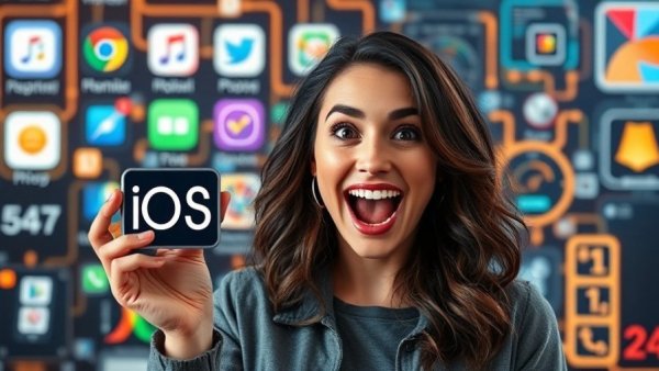 iOS 26.4 upgrade benefits for entrepreneurs showcased by enthusiastic woman with new features and emojis.