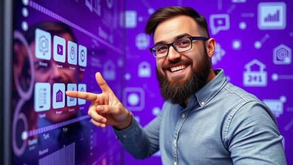 Enthusiastic man pointing at no-code marketing automation interface.