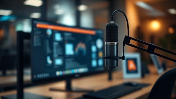 Modern desktop setup with microphone and monitor, dim lighting.