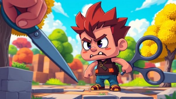 Pixel art character in pet comedy scenario with scissors.