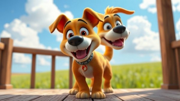 Funny pet cartoon dog standing on a deck with a playful look.