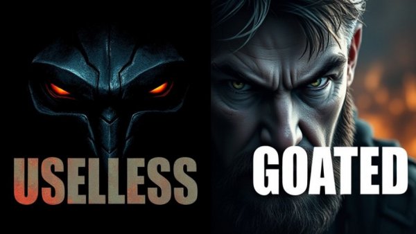 Contrasting dark villain and rugged hero with 'useless' and 'goated' labels.