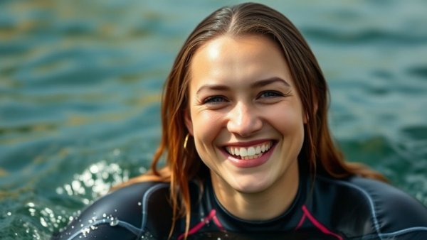 Joyful woman smiling after cold water dip, showcasing benefits.