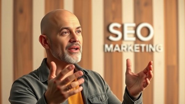 Enthusiastic bald man discussing SEO marketing in studio.