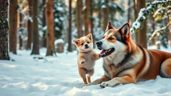 Playful puppies face off with big dogs in snowy forest.
