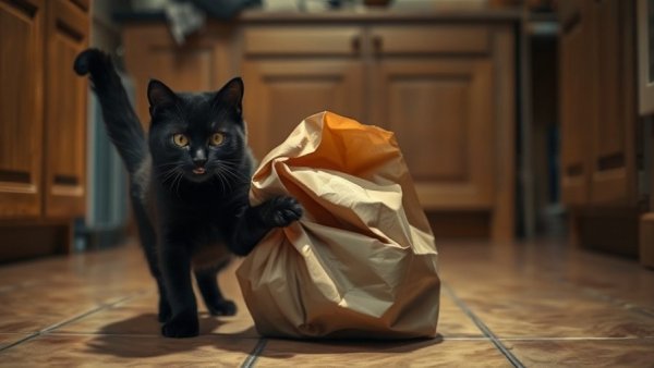 Mischievous black cat antics with a crumpled paper bag in the kitchen.